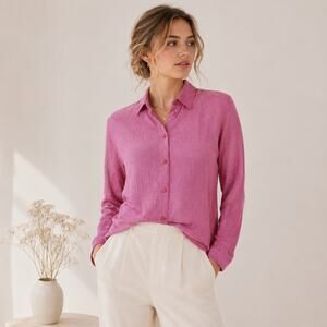 Eileen Fisher Organic Cotton Button Up Long Sleeve Shirt Women Size PP Red/White